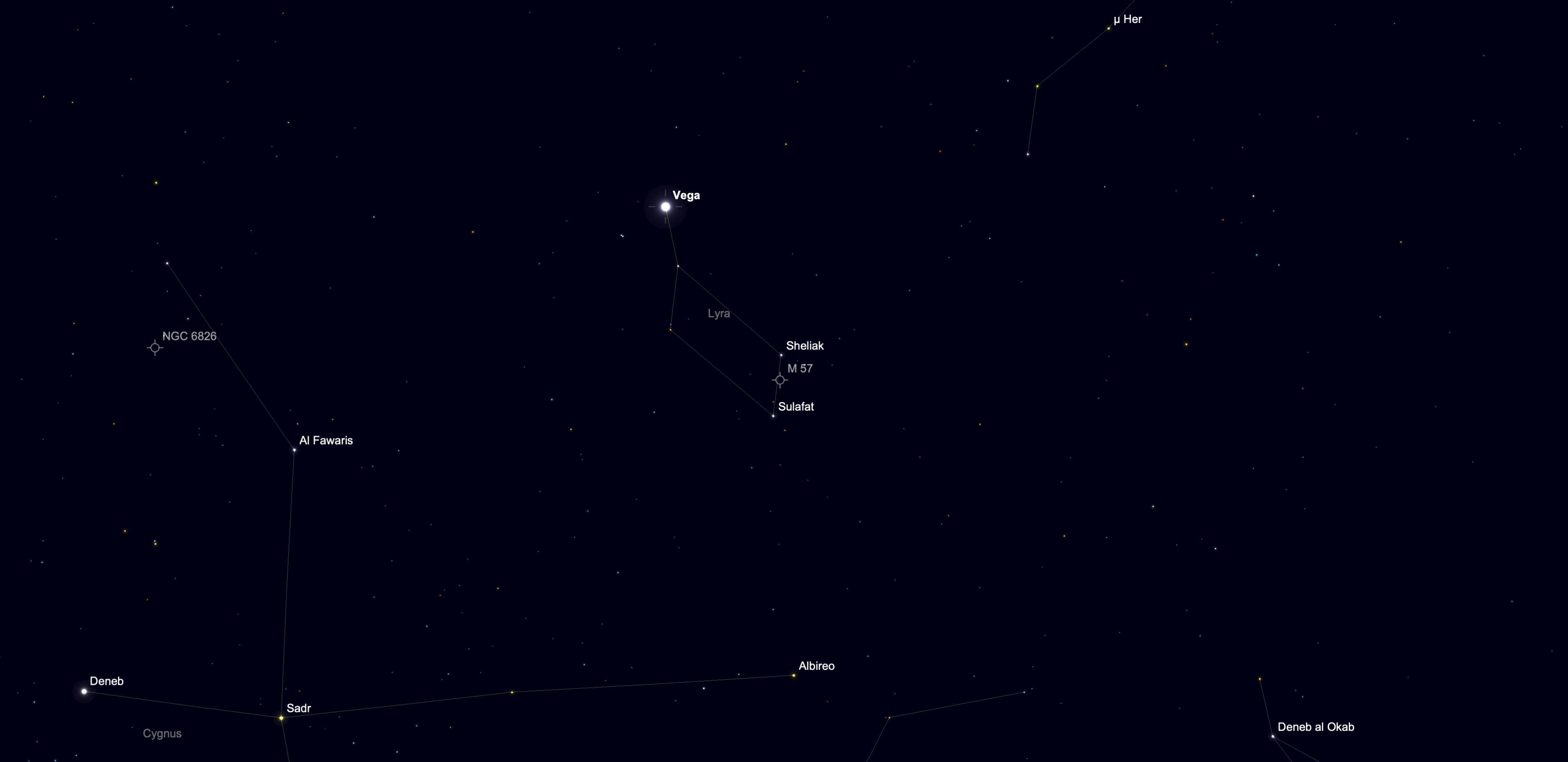 Star chart showing the Ring Nebula (M57) located between the stars Sheliak and Sulafat in the constellation Lyra.
