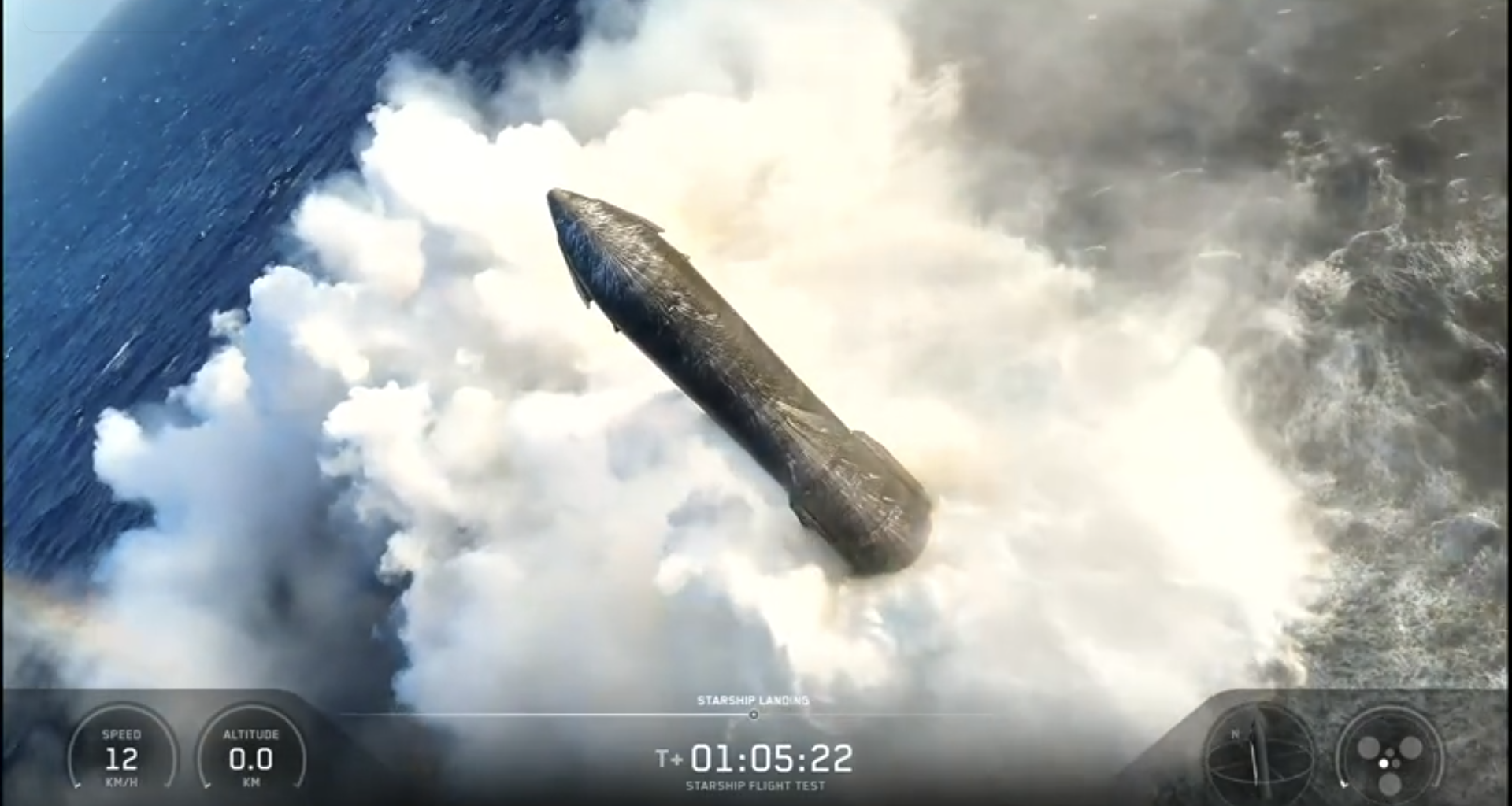 A SpaceX Starship vehicle floats in the Indian Ocean after Flight 13 splashdown