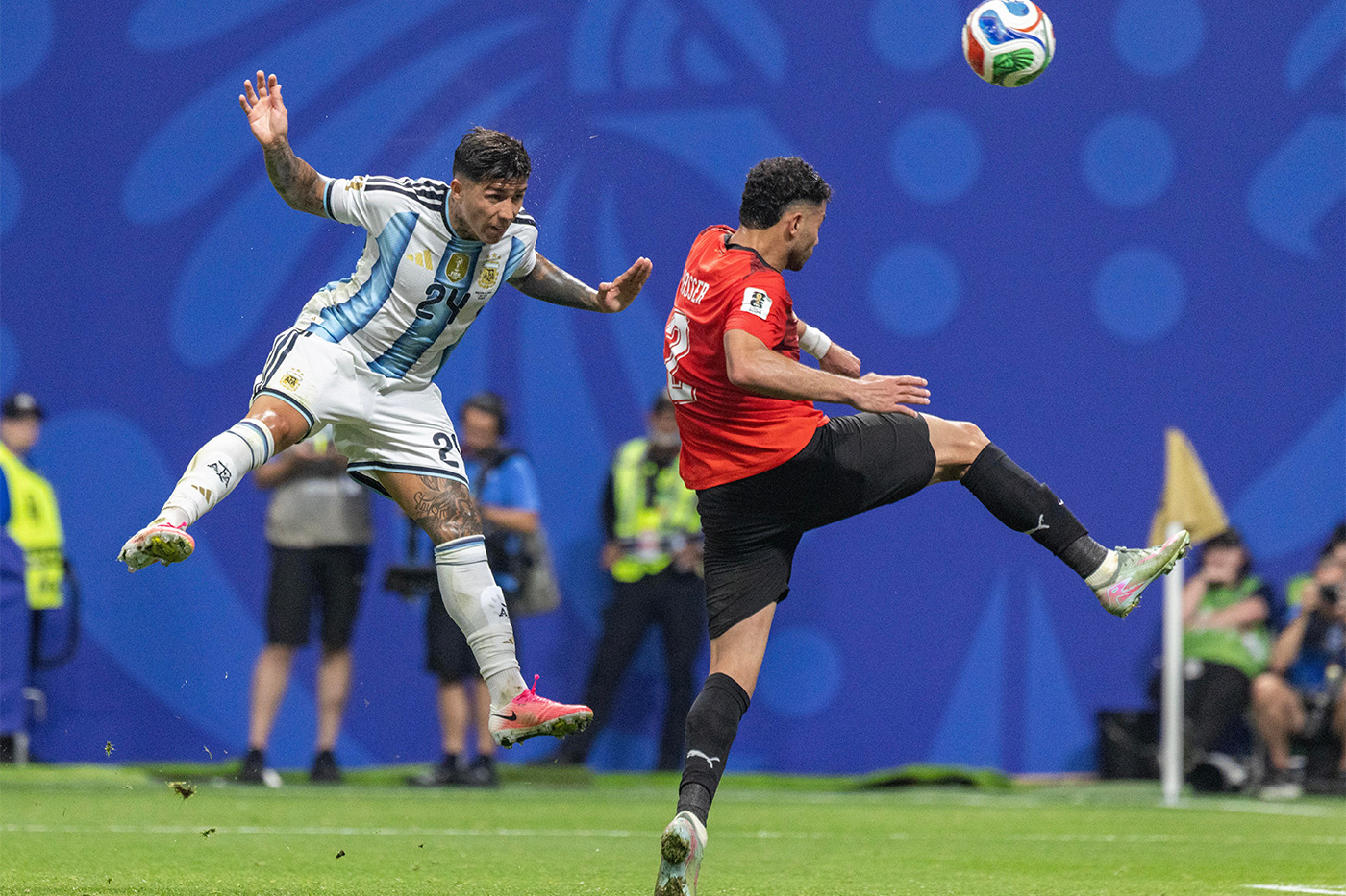 An Argentine player heads the ball during a match against Egypt.