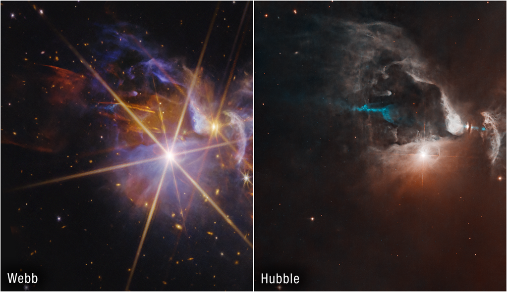 Blue and gold swirls between bright spiked stars against a black background next to a cloudier image of the same region of space