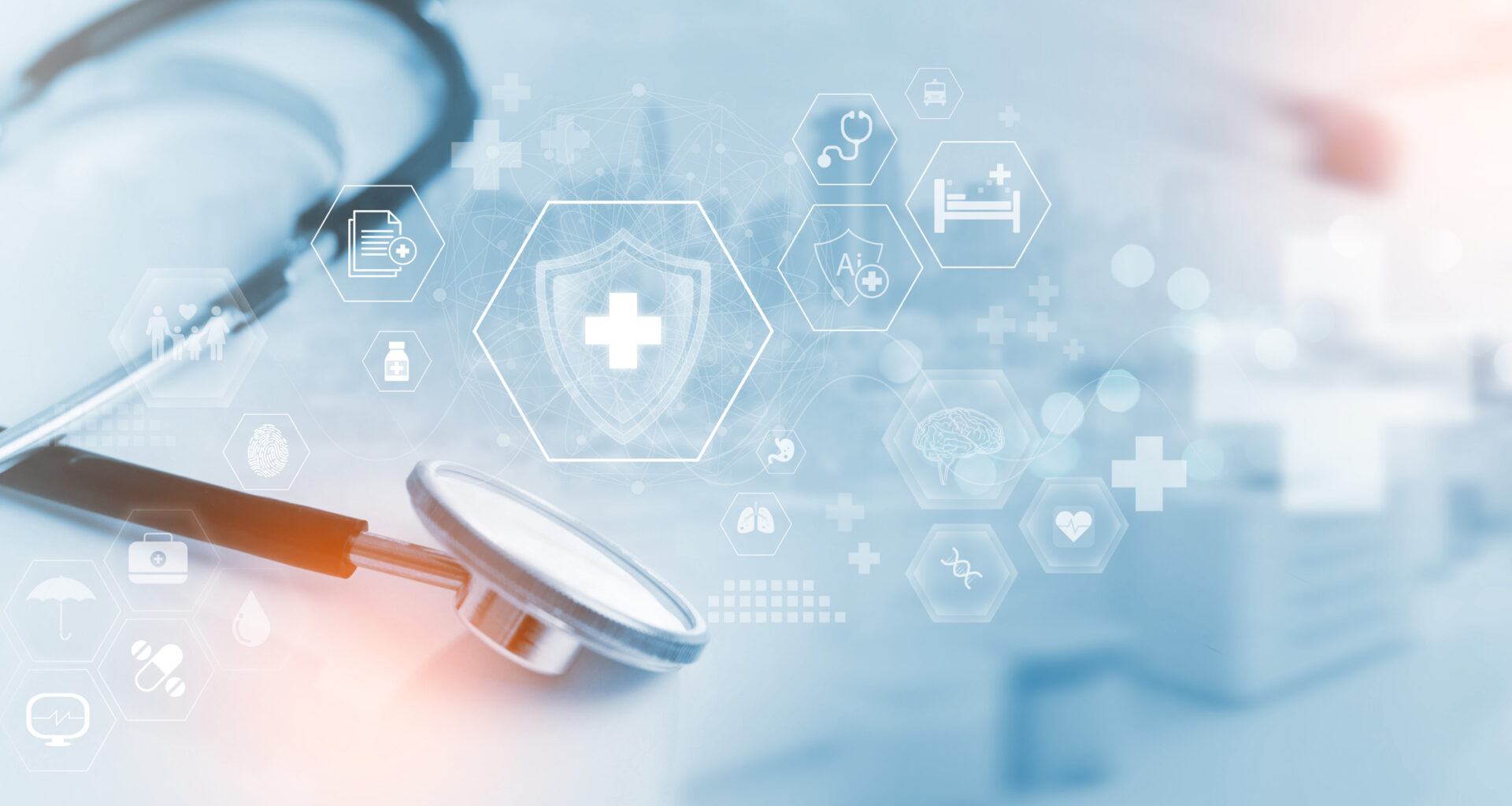 Medical technology healthcare and medicine concept. online health network, Medical stethoscope with medical technology icons, healthcare and medicine, hospital background, Insurance