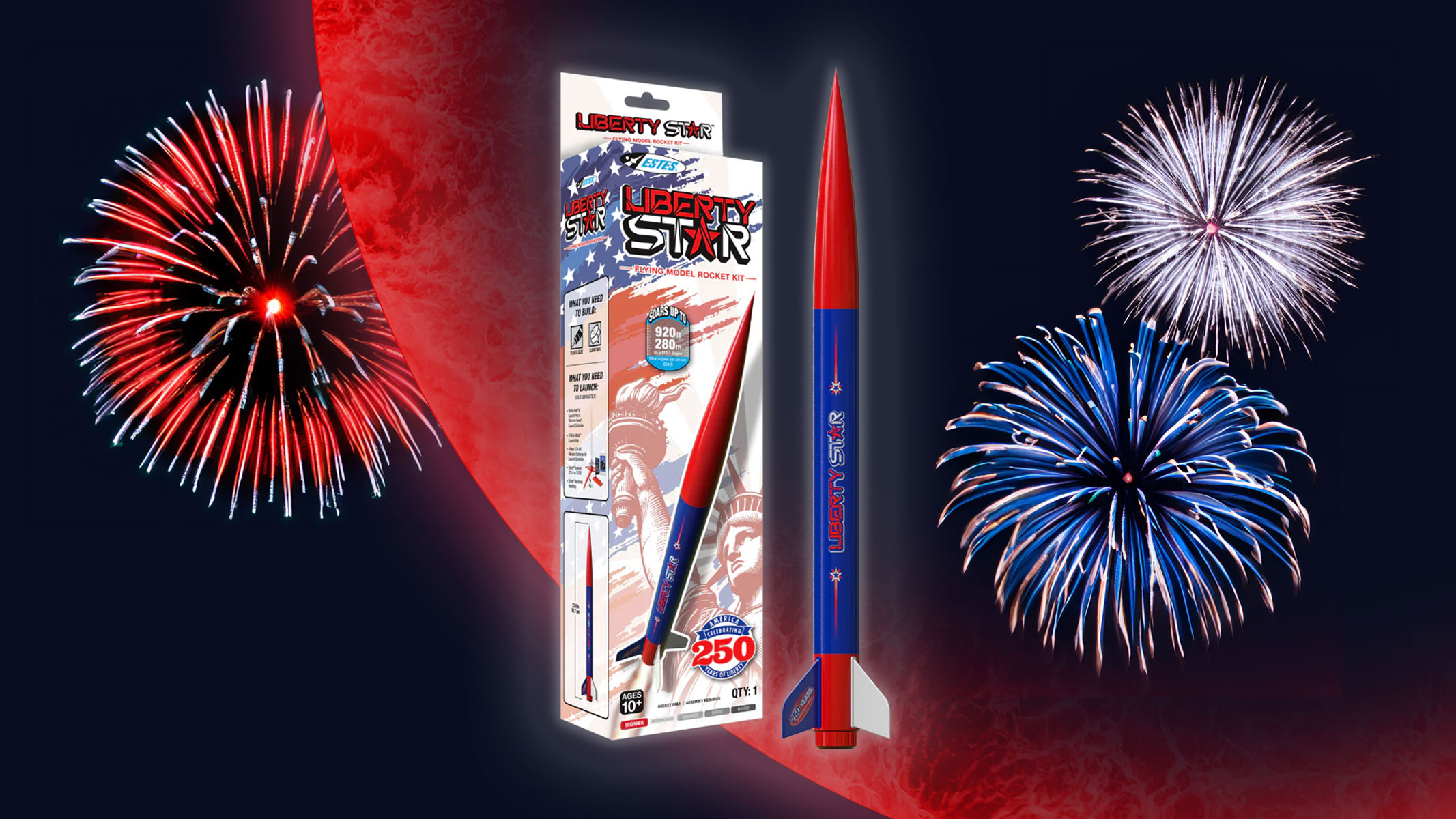 The Estes Liberty Star&trade; rocket and packaging against a red planet background with red, white and blue fireworks.