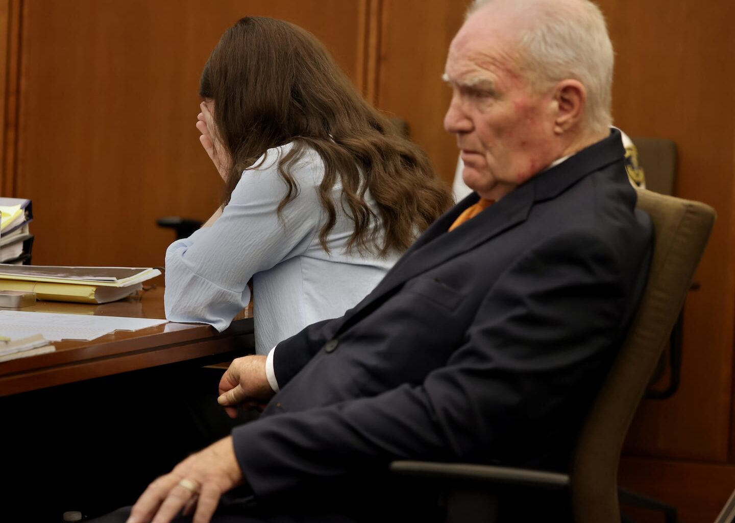 Defense attorney Kevin Reddington and Lindsay Clancy listened to the 911 recording from her husband's call to police on Jan. 24, 2023 during her trial at Plymouth Superior Court on July 29.