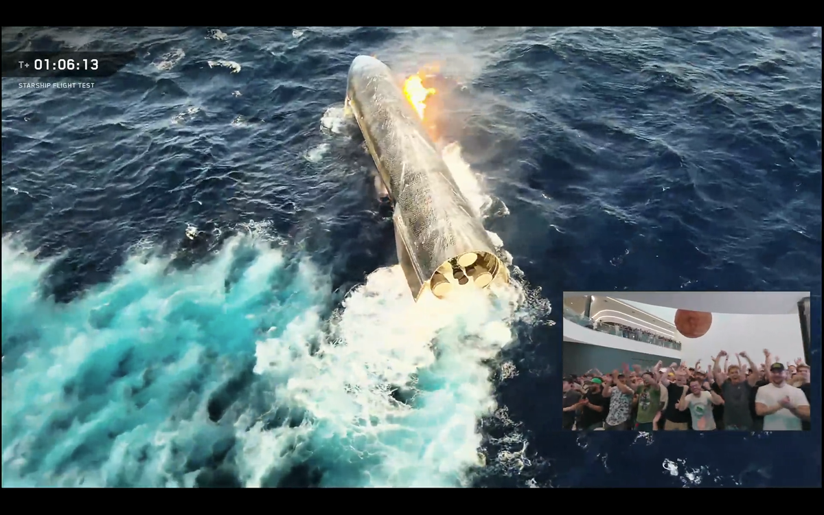 A SpaceX Starship vehicle floats in the Indian Ocean after Flight 13 splashdown
