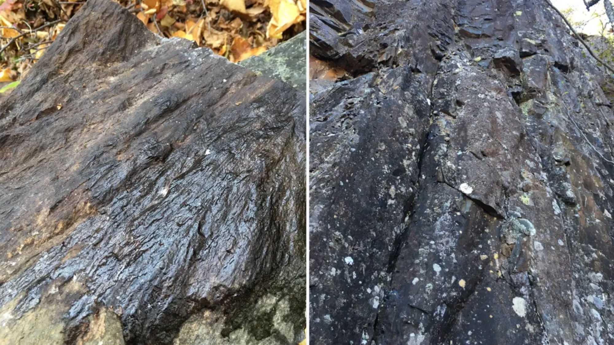 two photos of rocks with cone-like striations on them