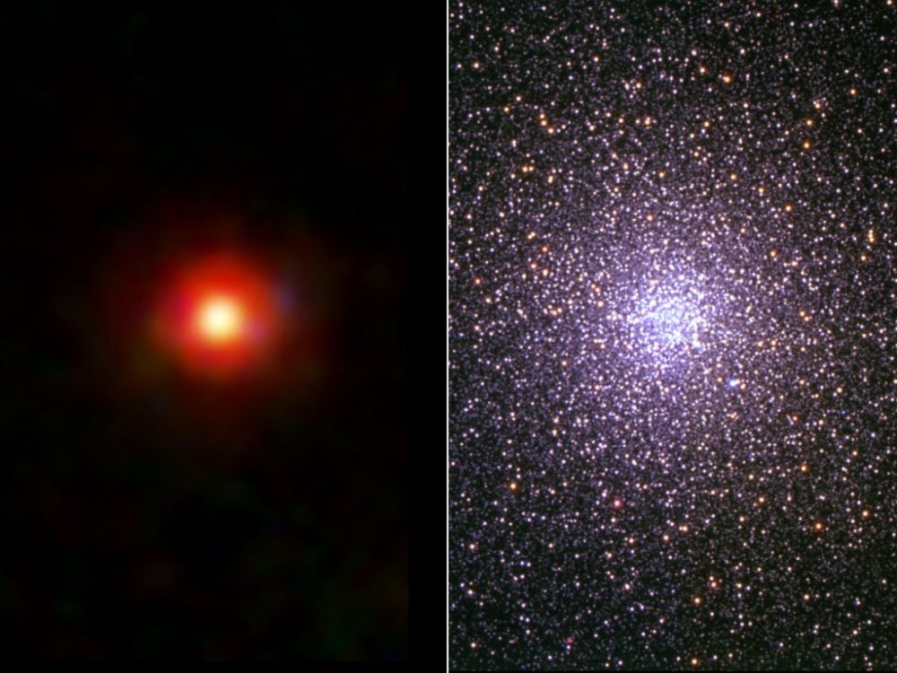 One of the JWST's confounding Little Red Dots is in the left panel, while the globular cluster (GC) 47 Tucanae occupies the right panel. Could these objects be the same thing at different points in evolution? Image Credit: NASA, ESA, CSA, STScI, Dale Kocevski/Colby College, ESO.