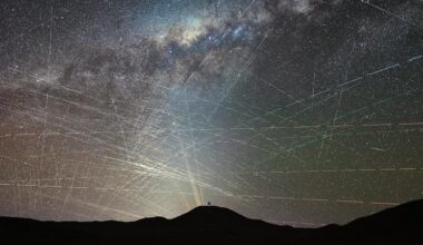 This image shows satellites crossing the night sky above the northern Atacama Desert in Chile, over a period of just one hour. It is a stack of a time-lapse video taken on 15 October 2025 about two hours after sunset. A few streaks are caused by planes, and can be easily identified by their blinking-coloured lights, but most trails are due to satellites. In the foreground we see the dome of ESO’s Extremely Large Telescope (ELT), the world’s largest optical/infrared telescope, currently under construction atop Cerro Armazones. Behind it we see the lasers of ESO’s Very Large Telescope (VLT) at Paranal Observatory, 22 km away from the ELT. Credit F. Kamphues, ESO/M. Kornmesser