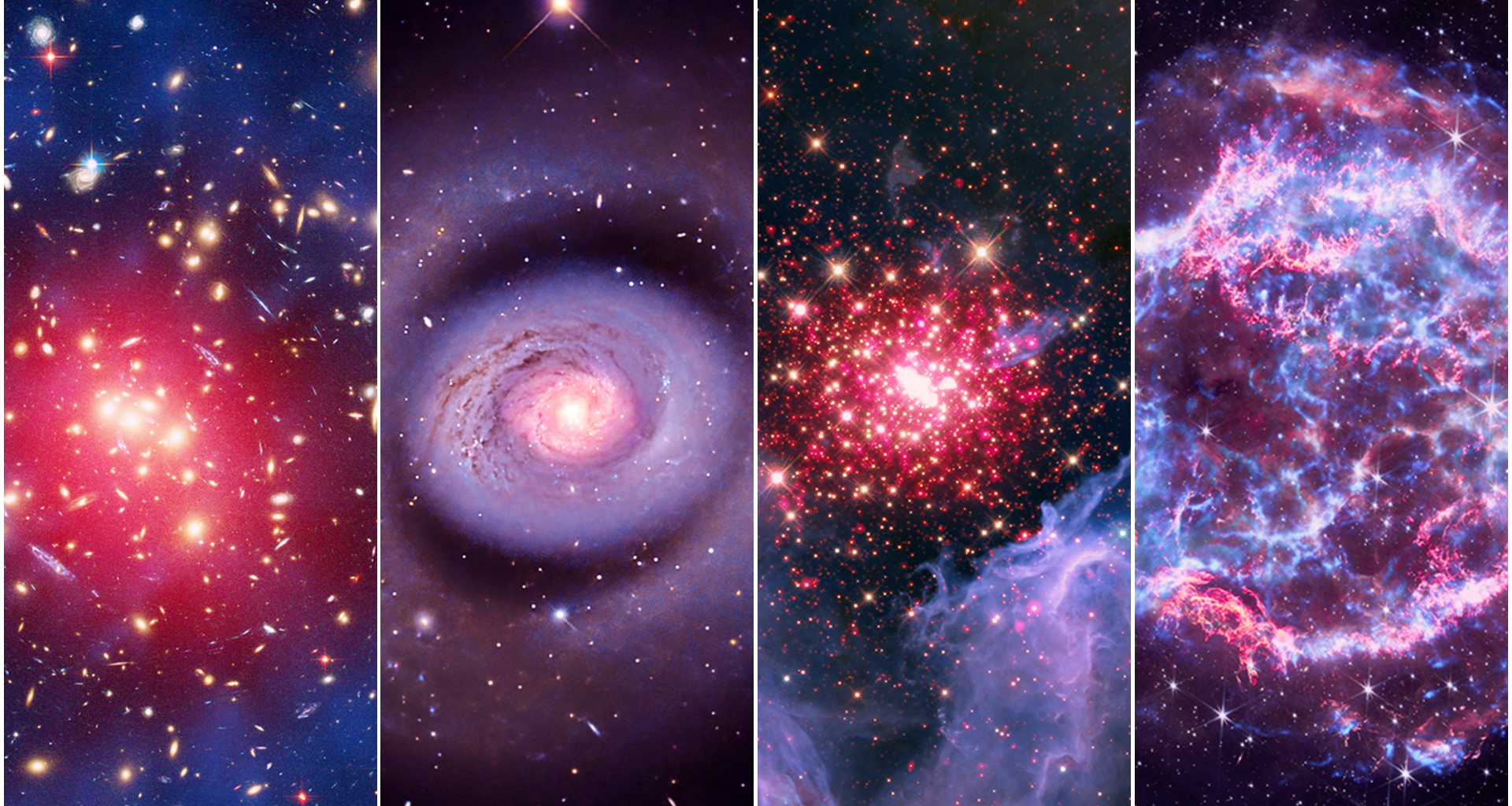 a swirl of blue-and-purple gases amid red pinpoints of light, on a black background