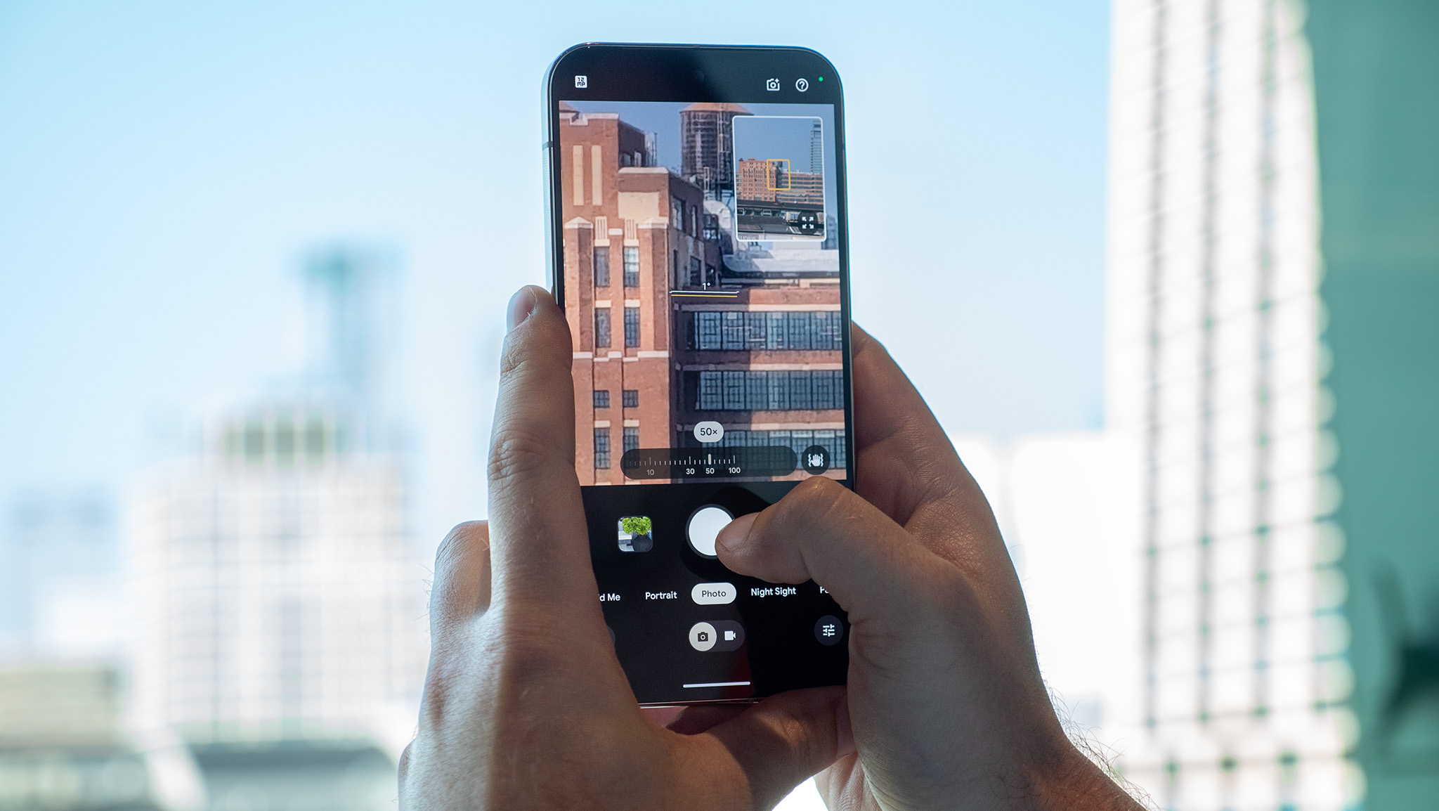 Testing out the new Pro Level Zoom feature on the Google Pixel 10 Pro to zoom in to a water tower on top of a building at 100x