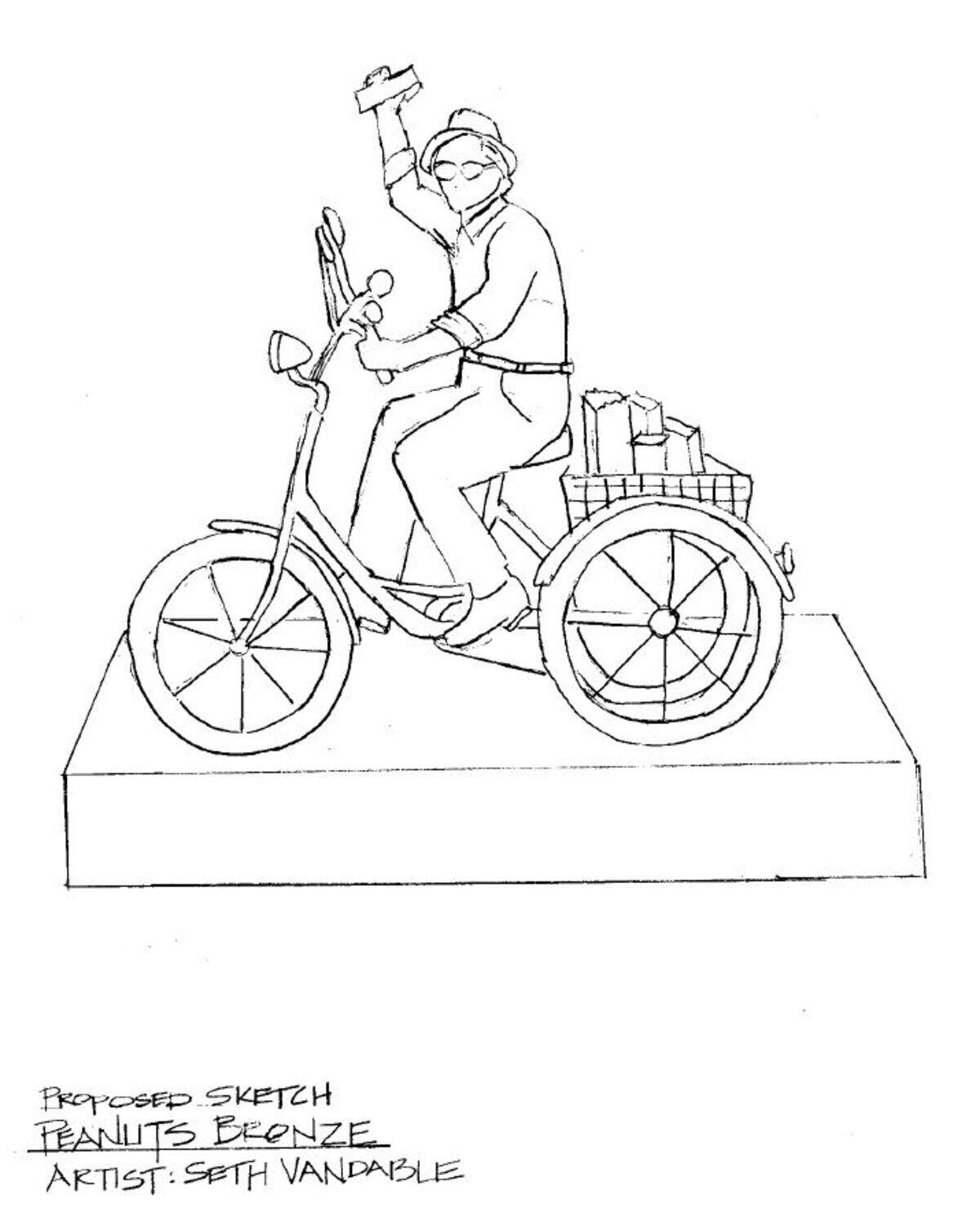 A sketch from Texas-based sculptor Seth Vandable shows his proposal for a 5-foot-tall bronze statue of Noburu ‘Peanuts’ Fukuda, a Pasco resident who was beloved for handing candy out to children and cleaning downtown streets.
