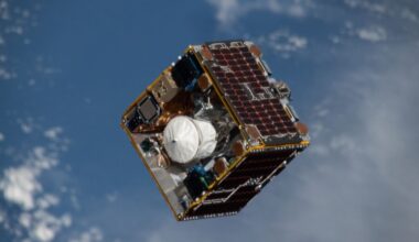 Image of the RemoveDEBRIS debris removal demonstration satellite, which used a net to prove the concept of deorbiting debris with that implement. Credit - NASA/Expedition 56 crew