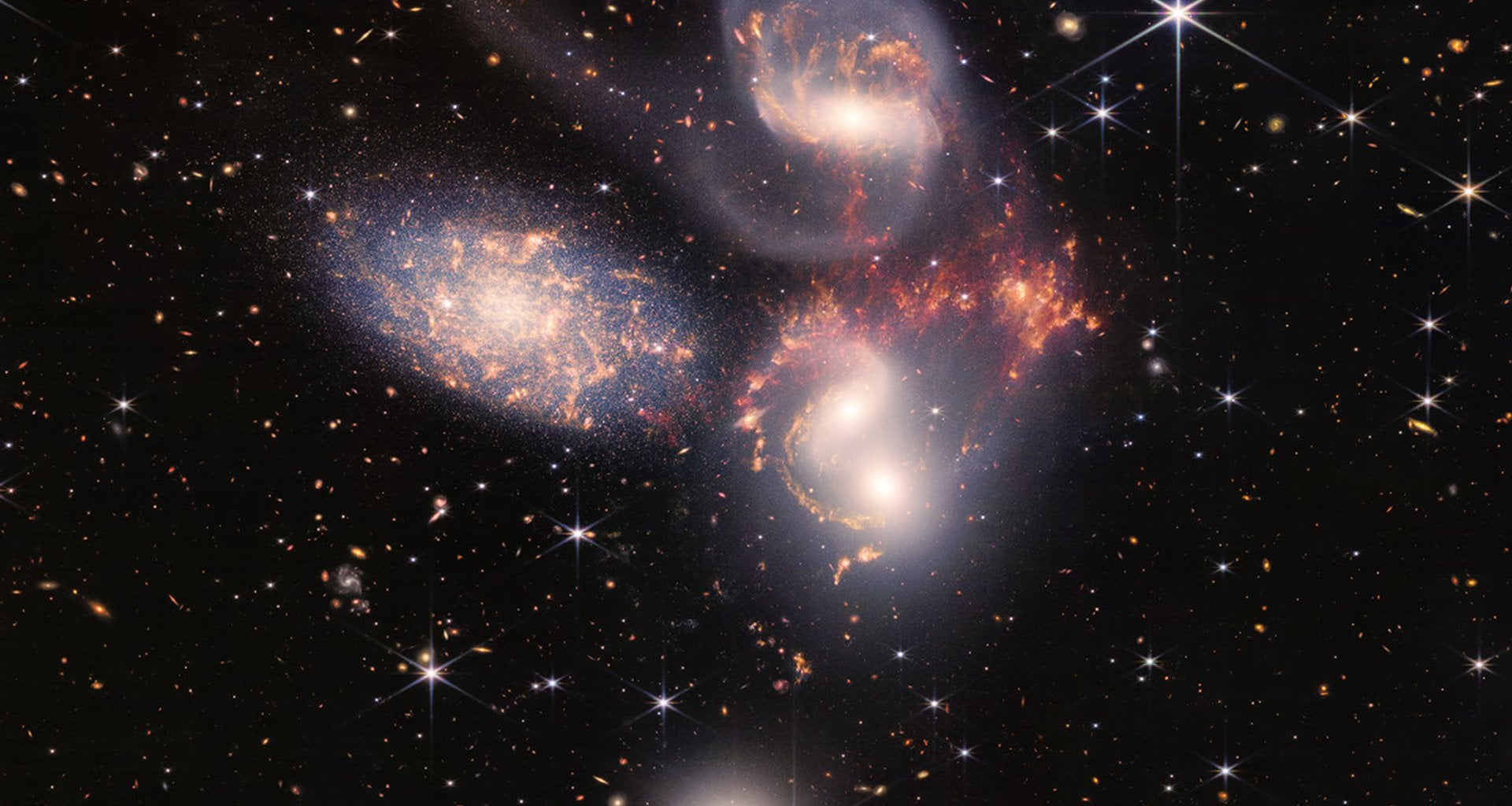 JWST Image of Stephan's Quintet of galaxies, the left of which (NGC 7320) is much closer to Earth than the other four galaxies in the image. Credit - NASA, ESA, CSA, STScI