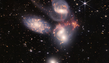JWST Image of Stephan's Quintet of galaxies, the left of which (NGC 7320) is much closer to Earth than the other four galaxies in the image. Credit - NASA, ESA, CSA, STScI