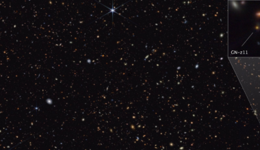 Infrared image of the GOODS-North field of galaxies, including GN-z11, which appears as it was just 430 million years after the Big Bang in this image. Credit - NASA, ESA, CSA, STScI, Brant Robertson (UC Santa Cruz), Ben Johnson (CfA), Sandro Tacchella (Cambridge), Marcia Rieke (University of Arizona), Daniel Eisenstein (CfA)