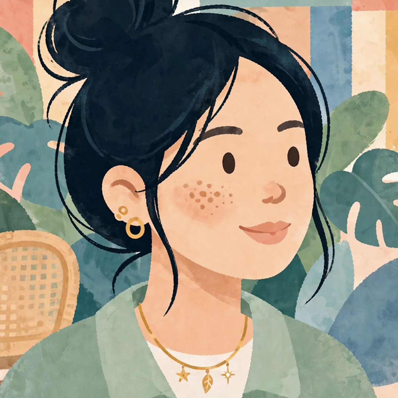 An illustration of a smiling woman with dark hair in a bun, wearing gold earrings and a gold necklace with leaf and star charms, set against a background of green plants.