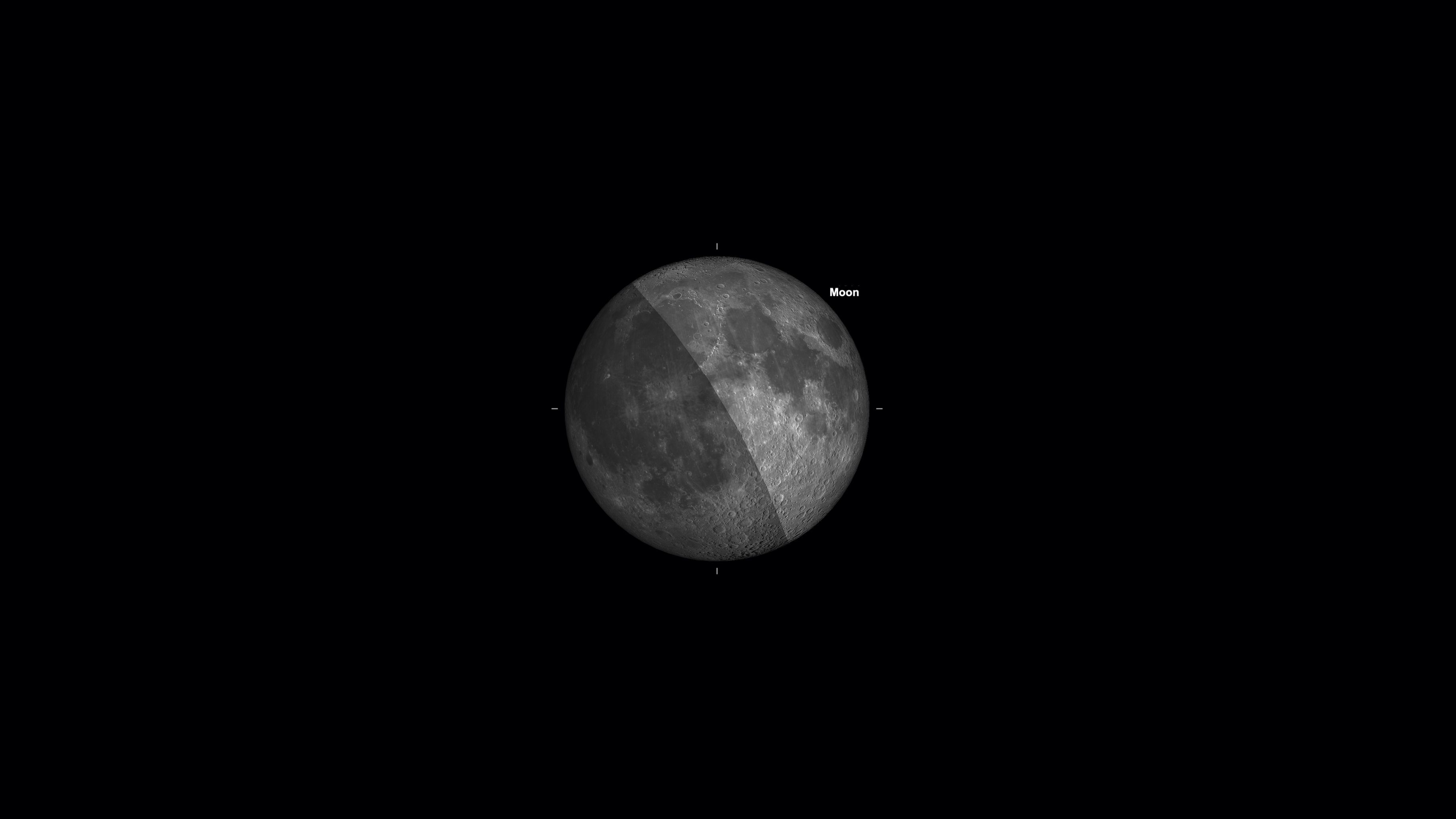 A simulation of the moon is shown with half its surface darkened by Earth's colossal shadow as it hangs in a black night sky.