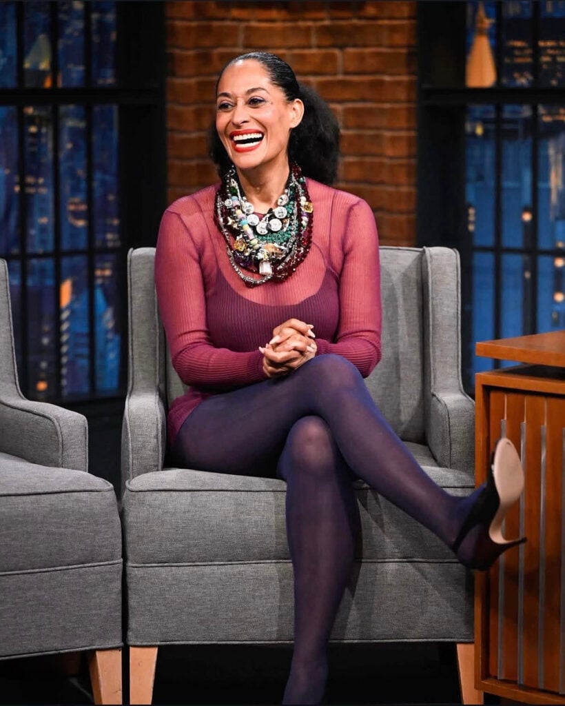 Tracee Ellis Ross wears Marc Jacobs Spring 2027 for Late Night with Seth Meyers in New York.