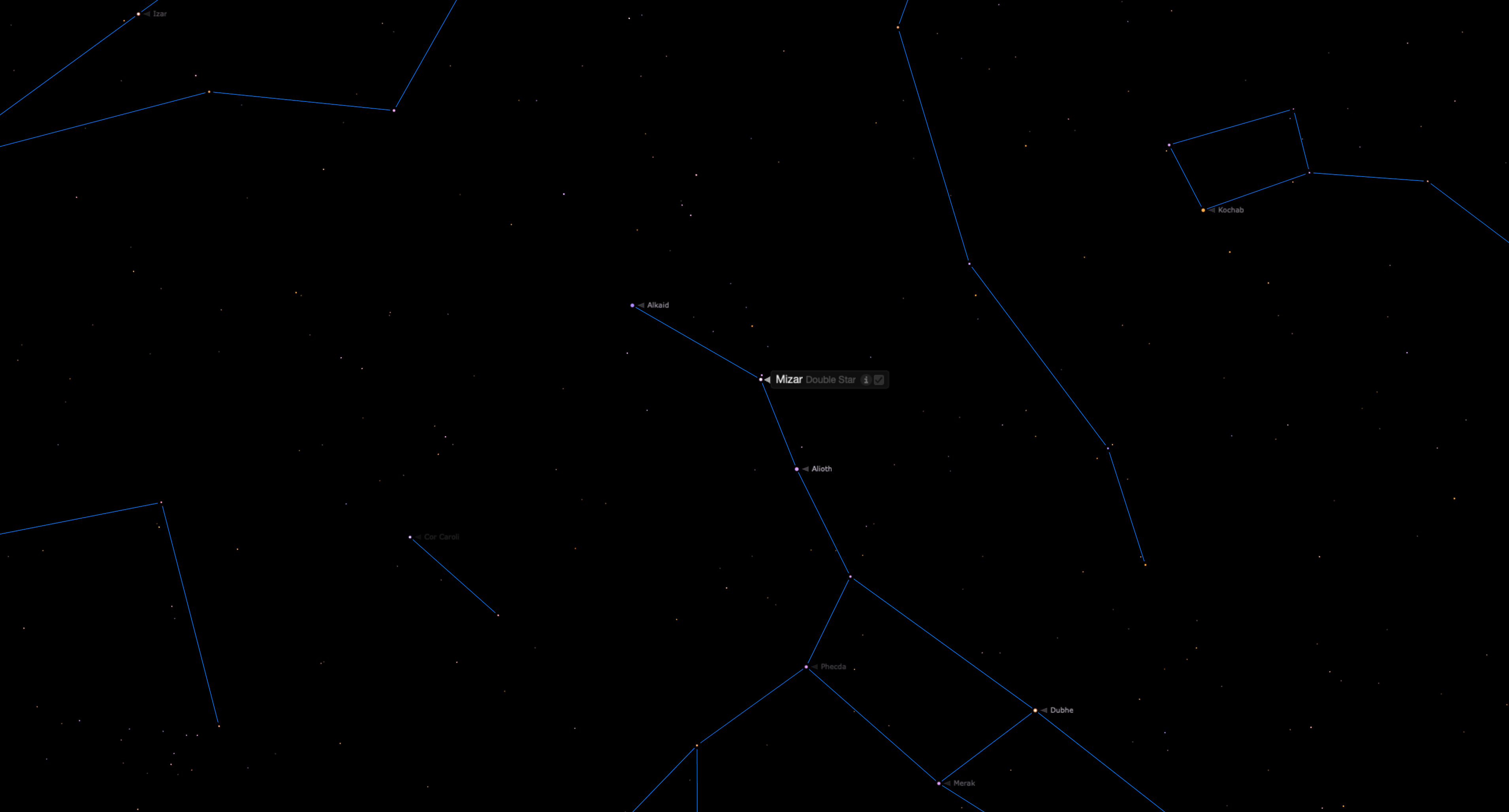 Star chart showing the Mizar and Alcor double star in the handle of the Big Dipper.