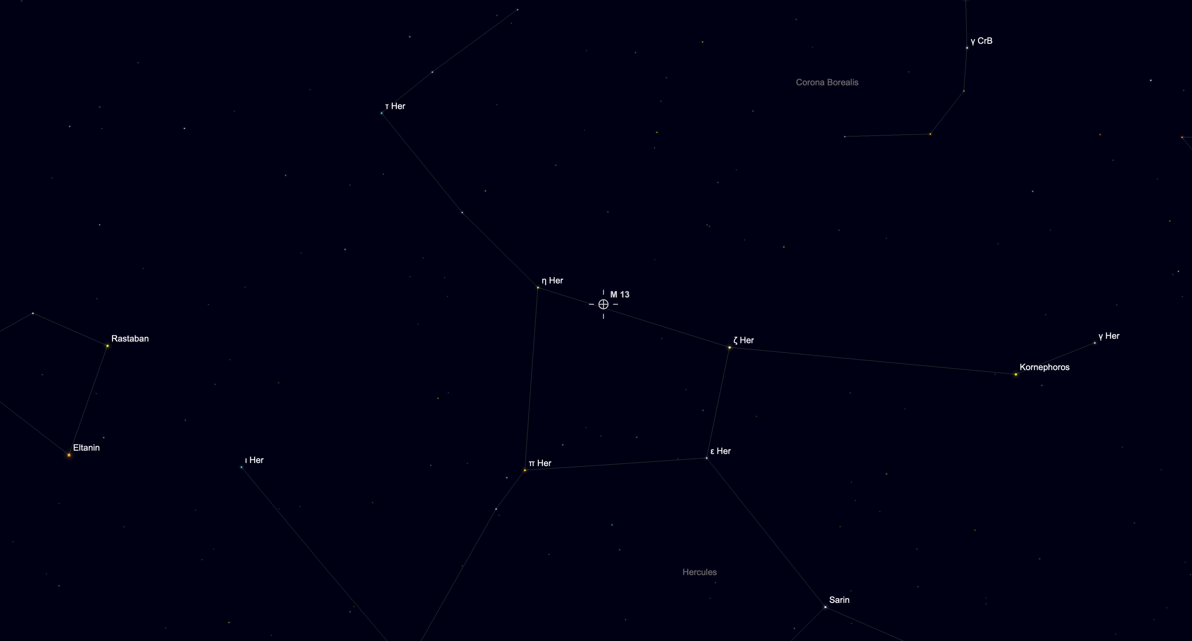 Star chart showing the Keystone of Hercules with the Great Globular Cluster M13 marked between the stars Eta and Zeta Herculis.