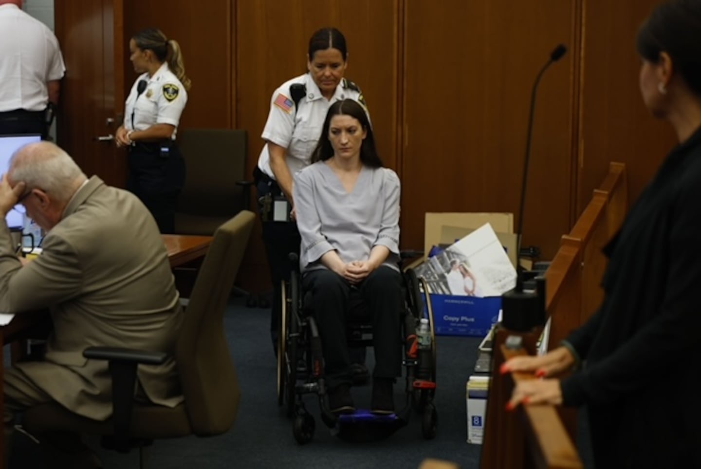 Defendant Lindsay Clancy awaited the start of proceedings during her murder trial at the Plymouth Superior Court on Thursday.