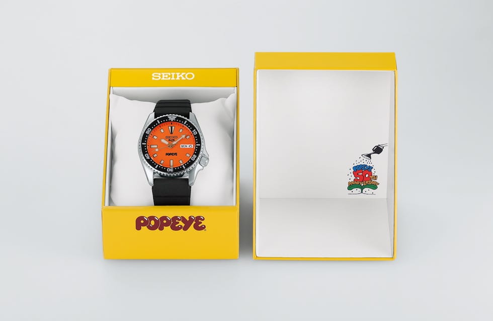 seiko popeye themed watch in a yellow box with 50th anniversary design. seiko popeye themed watch in a yellow box with 50th anniversary design.