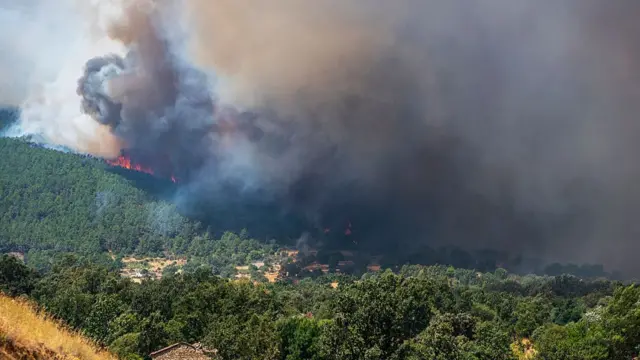 Huge plume of smoke due to fire on the horizon in a woody part of Spain