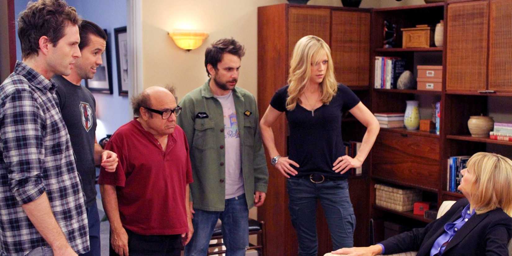The cast stand together in a therapist's office in It's Always Sunny in Philadelphia.