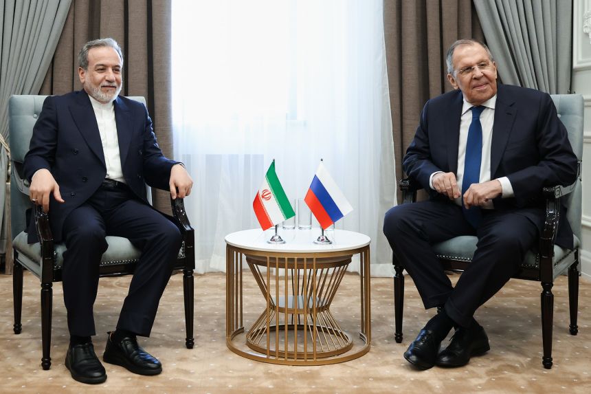 Russian Foreign Minister SergeI Lavrov, right, and Iranian Foreign Minister Abbas Araghchi, pose for a photo in Cholpon-Ata, Kyrgyzstan, on Friday.