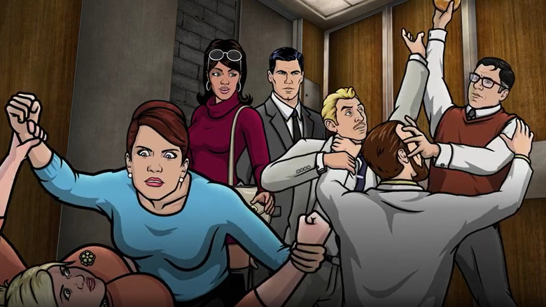 The cast of Archer fights each other in an elevator