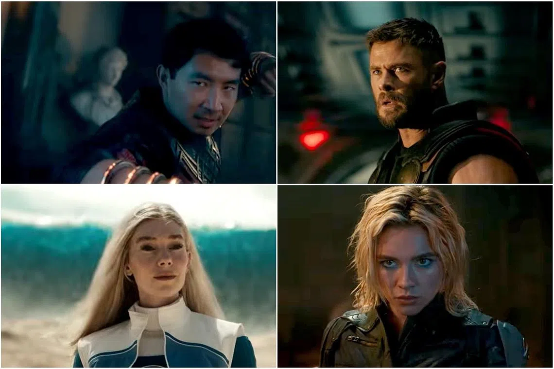 (Clockwise from top left) Shang-Chi, Thor, Mystique as Yelena Belova and Sue Storm appear in the trailer for Doomsday: Avengers.