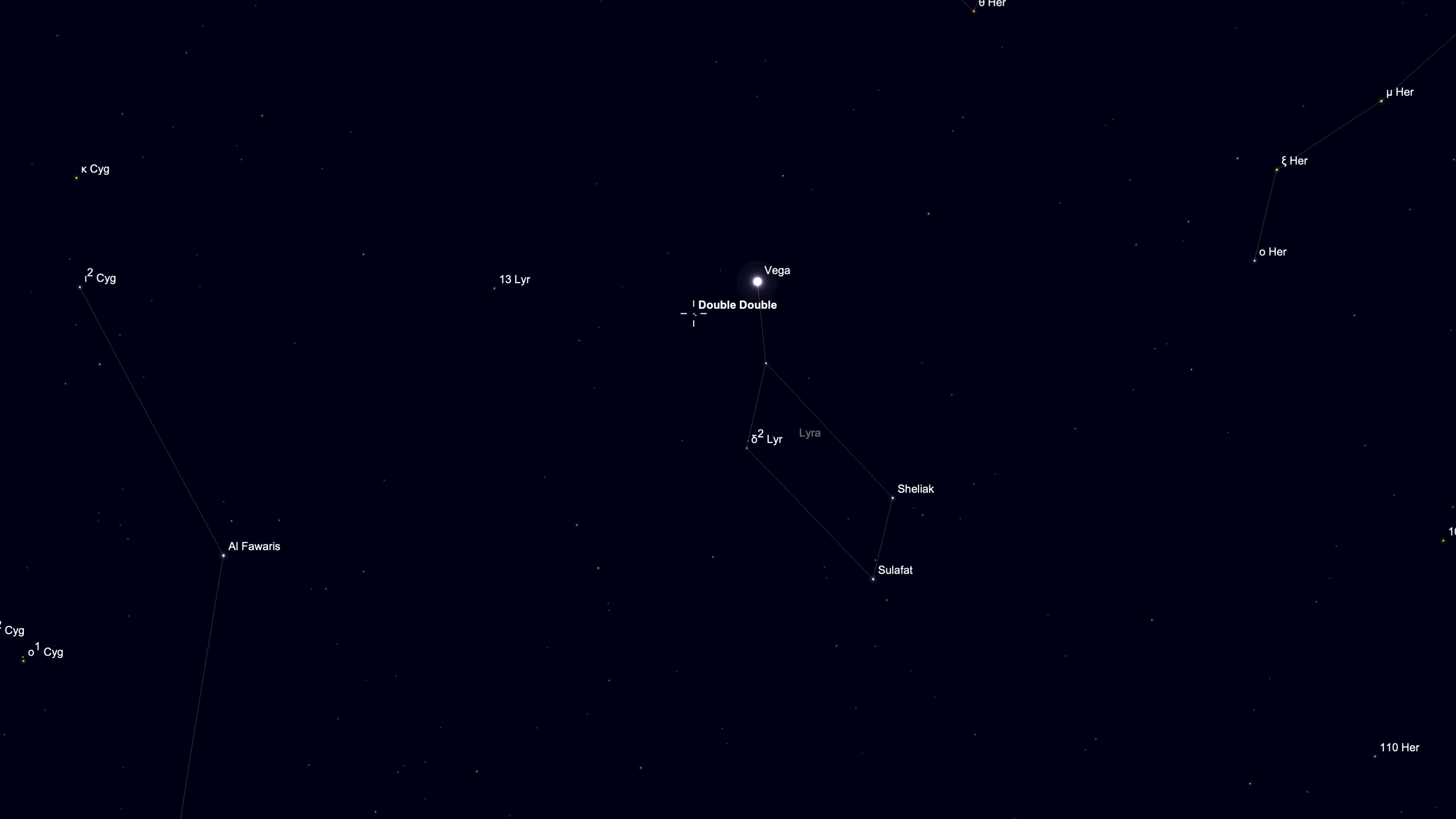 A starchart for Aug. 5 showing the location of the Double Double star system close to Vega and the constellation Lyra in a black simulated night sky studded with stars.