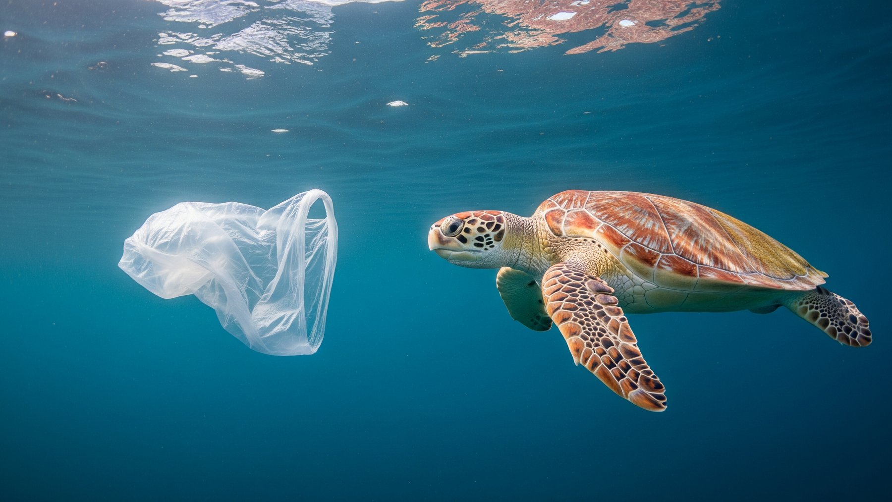 a sea turtle swimming near a drifting plastic grocery bag underwater, bags left checkout