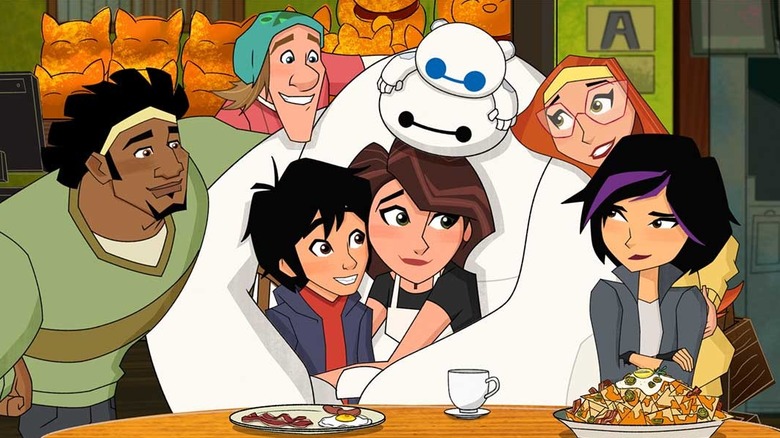 Hiro and Aunt Cass being hugged by Wasabi, Fred, Baymax, Honey Lemon, and Go-Go in Big Hero 6: The Series