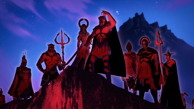 The Gods of Olympus standing on a cliffside at night