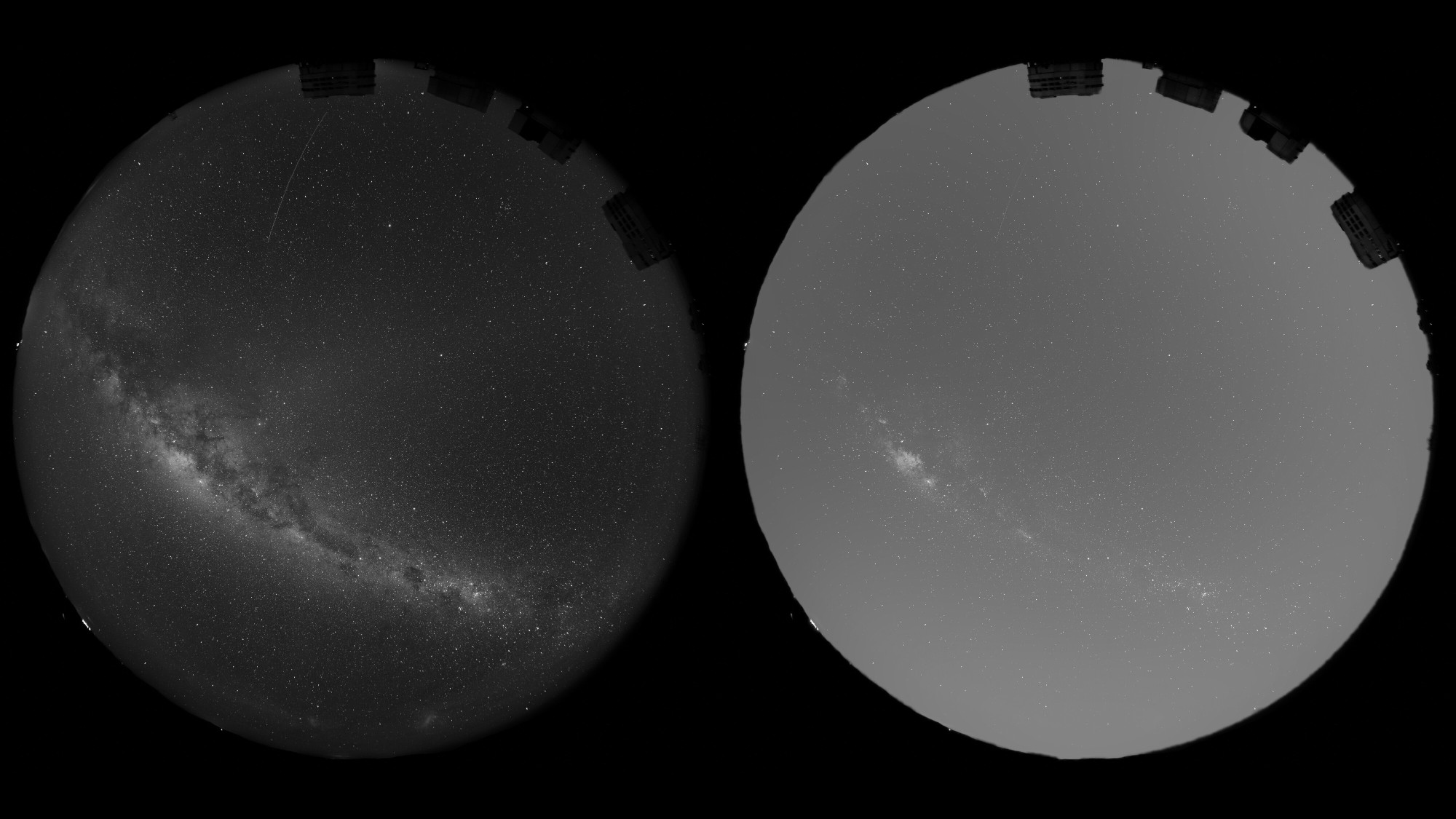 two images showing the night sky through a round aperture. one shows thousands of stars in the sky, the other is washed out by white light, significantly reducing the number of visible stars