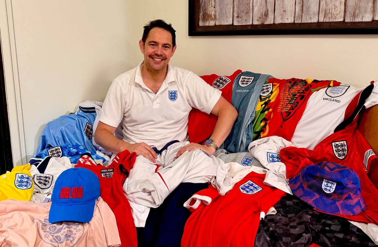 CNN Sports producer and proud Englishman Will Edmonds with part of his England memorabilia in his Atlanta home.