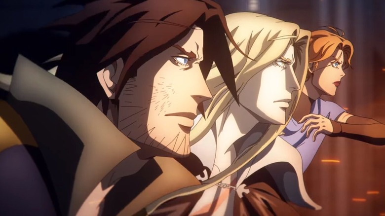 Alucard, Trevor, and Sypha looking to the right in Castlevania