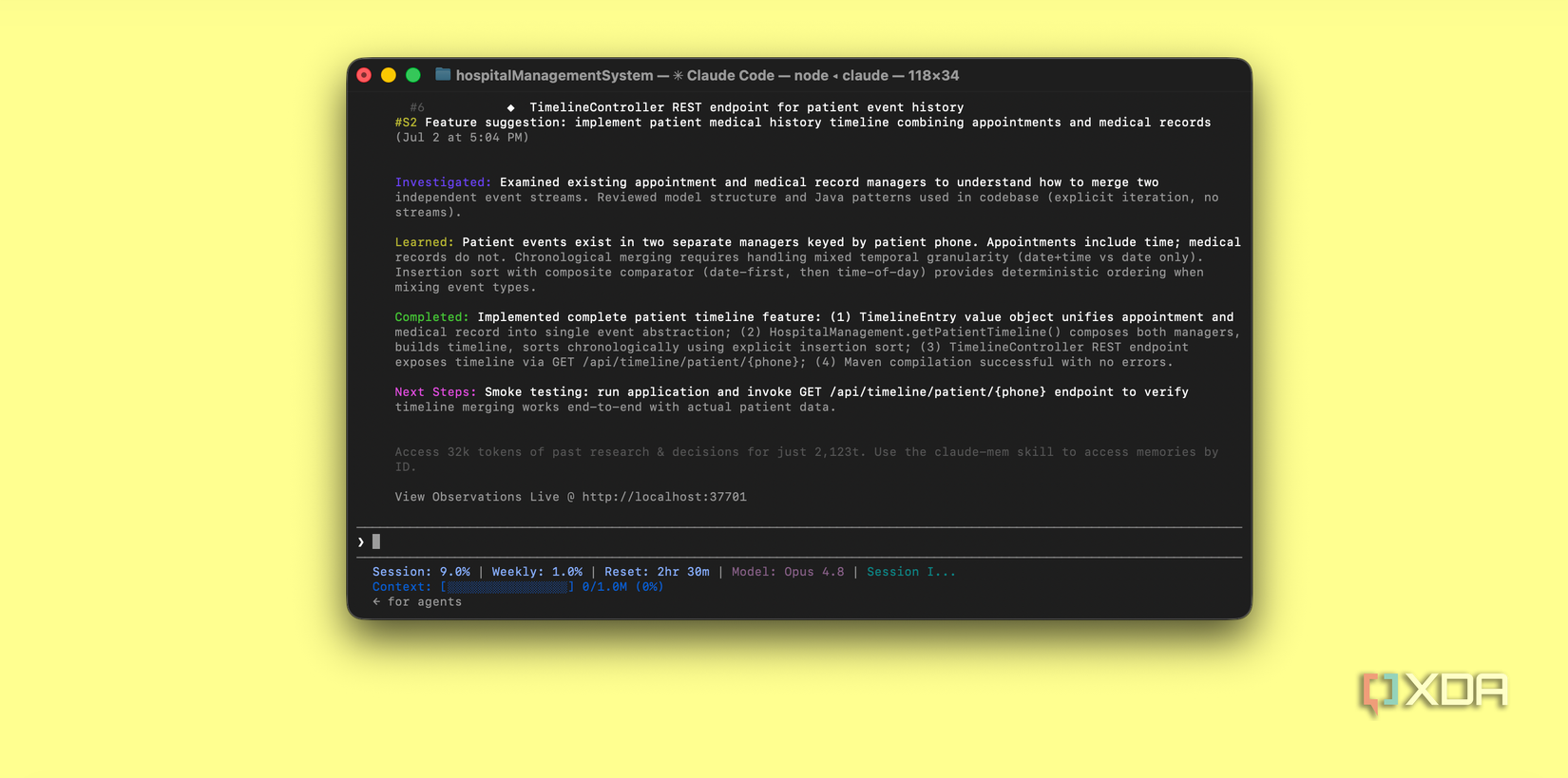 Claude Code terminal showing a session summary for a patient medical-history timeline feature