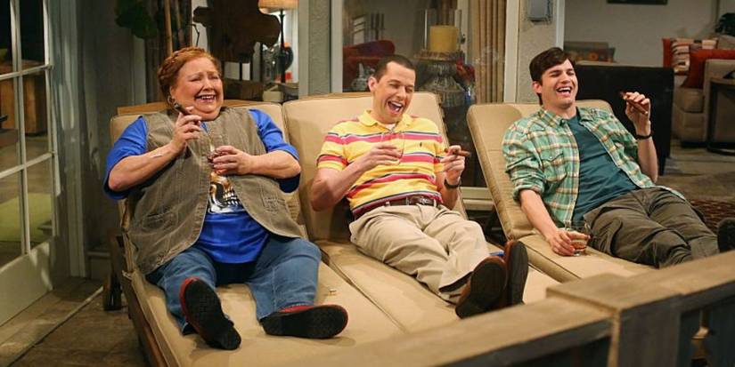 Conchata Ferrell, Jon Cryer, and Ashton Kutcher as Bertha, Alan, and Walden in Two and a Half Men Finale
