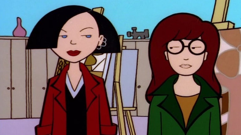 Jane and Daria standing side by side and exchanging a glance on Daria S2E1