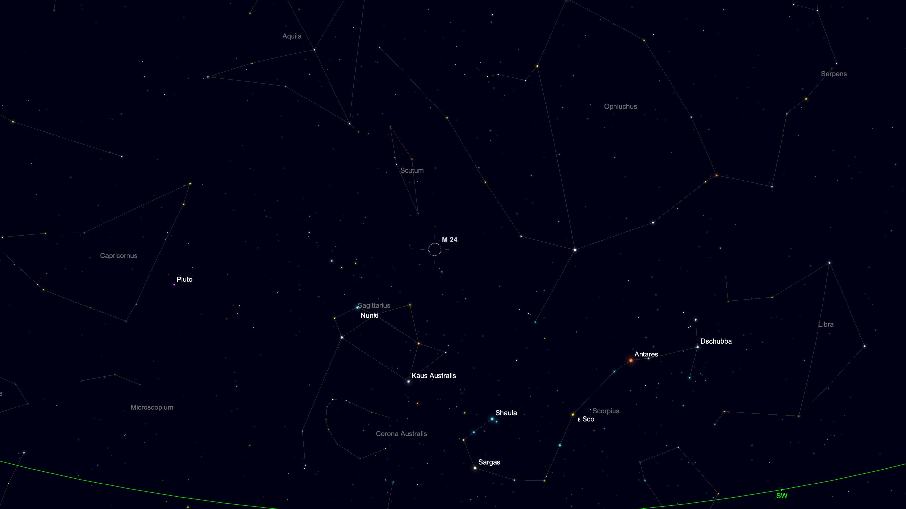 A starchart for Aug. 16 showing the location of the Sagittarius Star Cloud in a black simulated night sky above the constellation Sagittarius, surrounded by nearby stars.