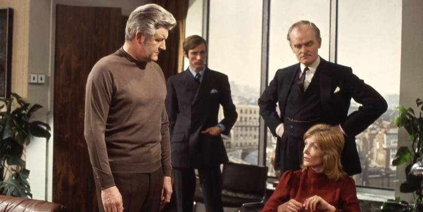 Four characters in a room together in the British sci-fi show 'Doomwatch'