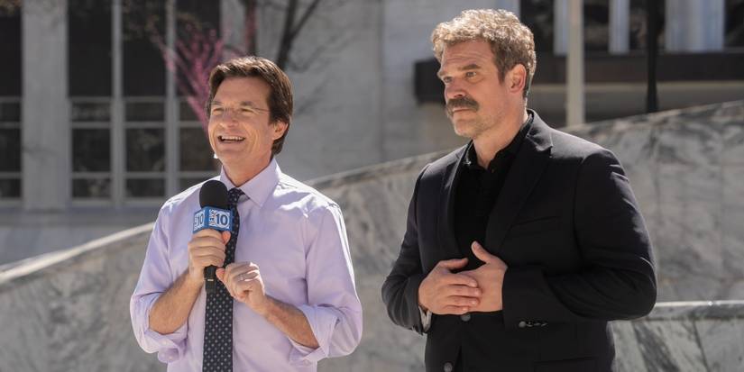 Jason Bateman as Clark giving the weather report with David Harbour as Floyd doing ASL in DTF St. Louis