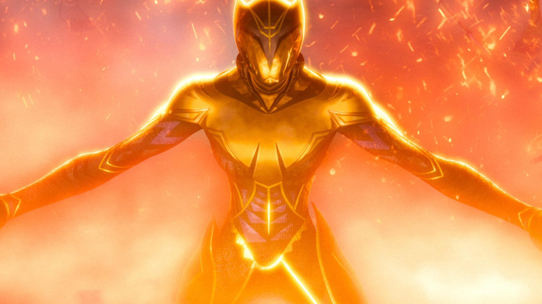 A golden Black Panther suit surrounded by fire in Eyes of Wakanda