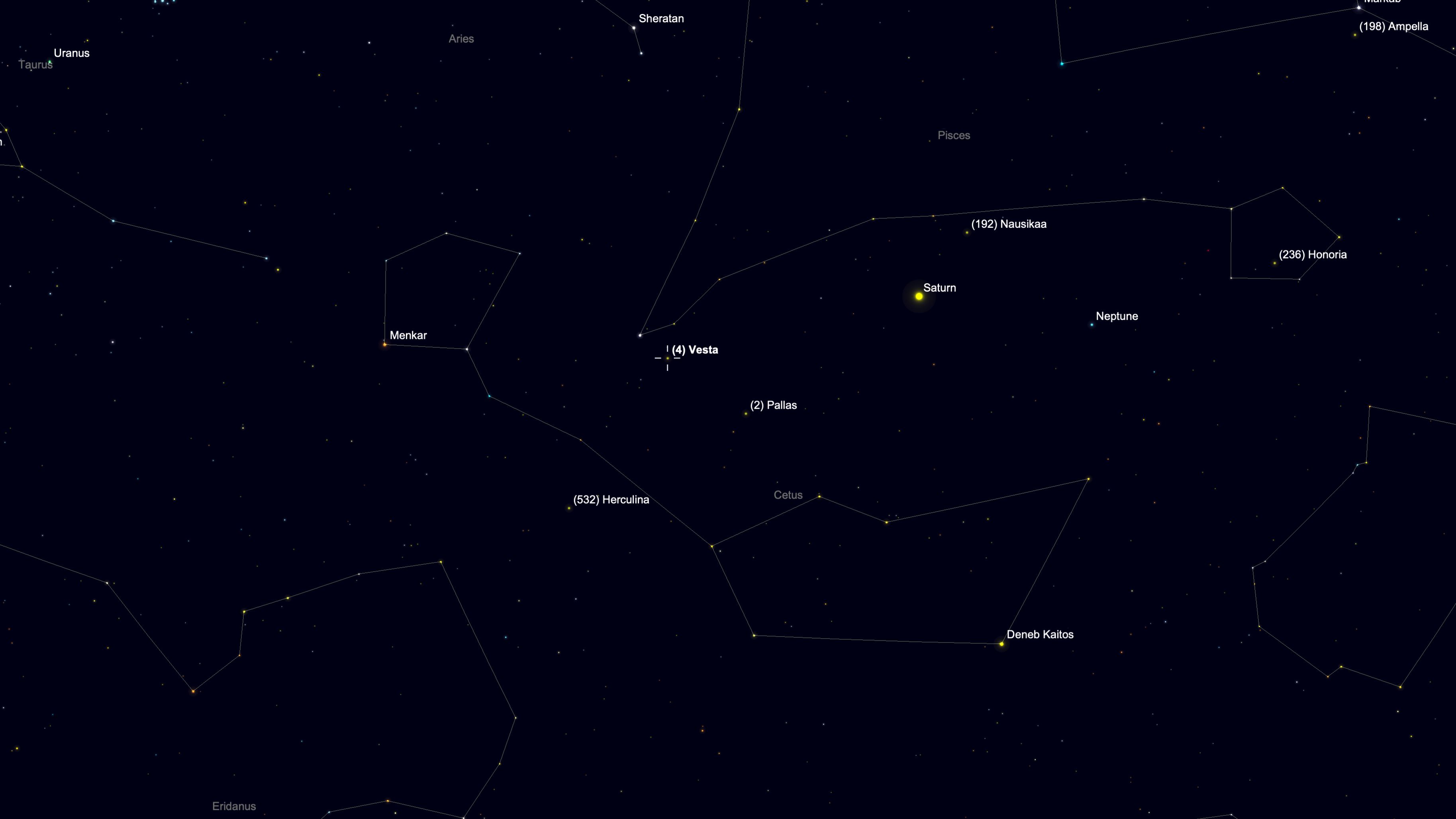 A starchart for Aug. 24 showing Saturn glowing to the upper right of the asteroid Vesta in a black simulated night sky surrounded by prominent stars.