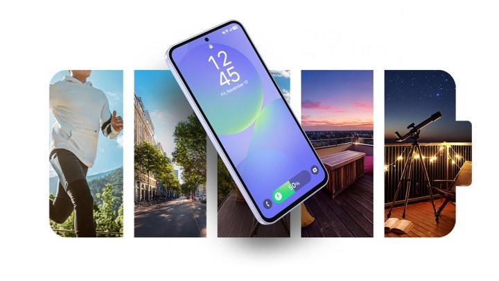 Samsung Galaxy A36 5G in front of battery shape segmented into lifestyle images