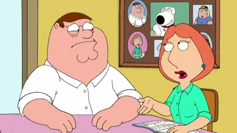 Peter and Lois sitting at the table and talking on Family Guy S5E1