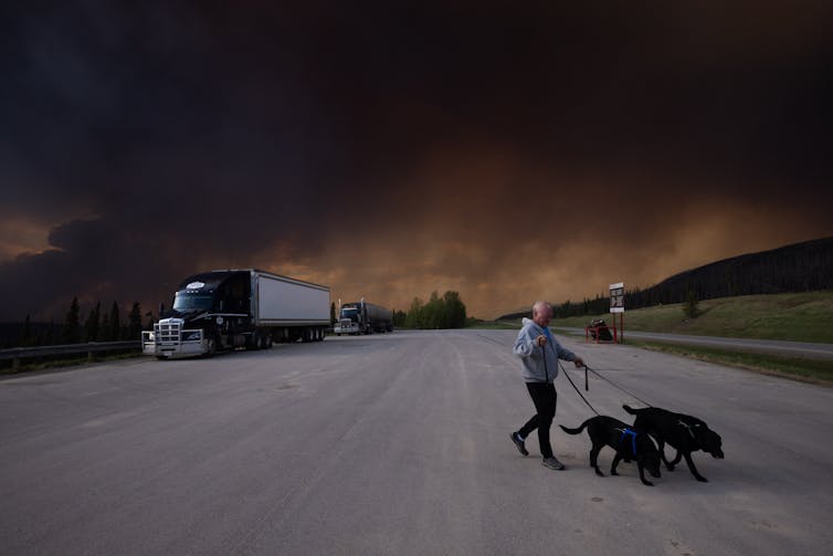 A man walks his dogs across a highway with billowing smoke in the background.