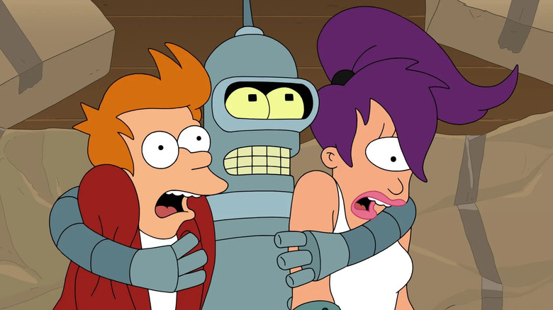Bender holding Fry and Leela in Futurama