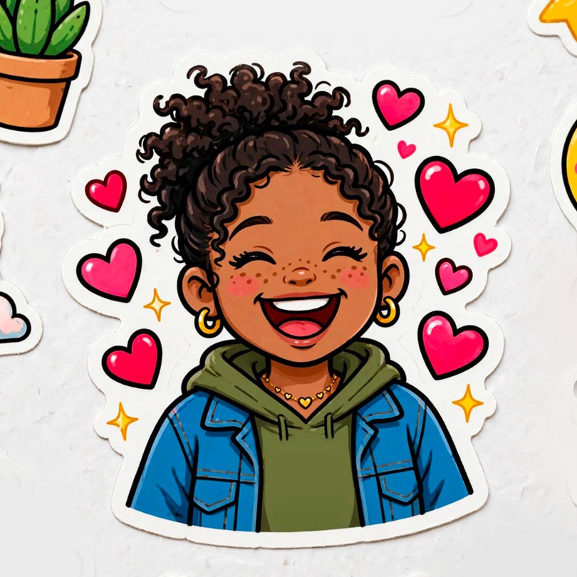 A cartoon sticker of a smiling girl with curly hair tied up in a bun, wearing a denim jacket and green hoodie, surrounded by small pink hearts and yellow stars.
